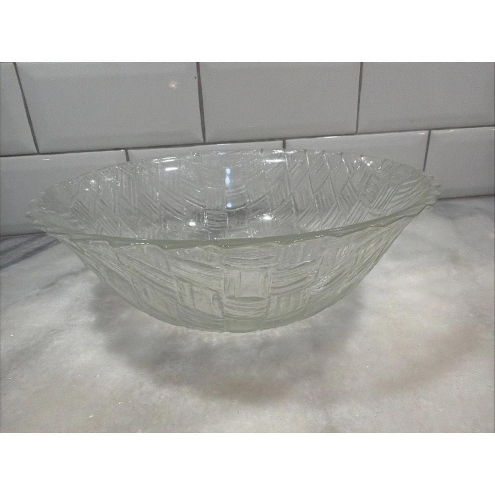 Vintage Indiana Glass Clear Weavetex Large Salad Serving Dish 9"Fruit Bowl ES051